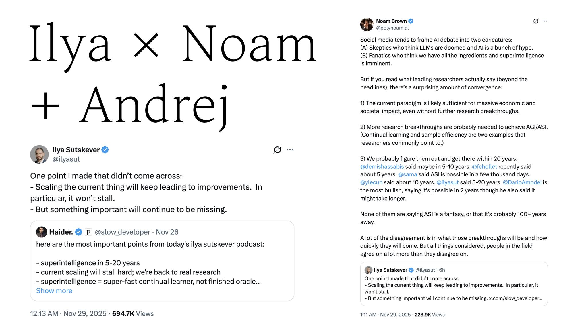 Noam Brown이 Ilya Sutskever 팟캐스트 발언을 정리한 트윗 스레드. 'Ilya × Noam + Andrej' 제목 아래 Ilya가 현재 스케일링으로 계속 성능 향상이 있을 것이나 중요한 무언가는 계속 빠져 있을 것이라 언급했다는 내용과, Hassabis·Chollet·Sam Altman·Yann LeCun·Ilya 등 각 연구자들의 AGI 도달 시간 예측을 정리한 트윗 캡처