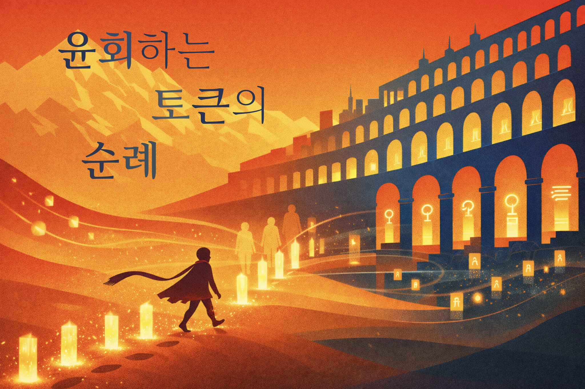 주황빛 석양 배경의 판타지 일러스트. 망토를 두른 인물이 빛나는 등불들 사이 황금빛 길을 걸어가며, 오른편에는 열쇠(♀) 문양이 새겨진 아치형 기둥의 웅장한 건물이 펼쳐져 있다. 왼쪽 상단에 '윤회하는 토큰의 순례'라는 제목이 적혀 있다.