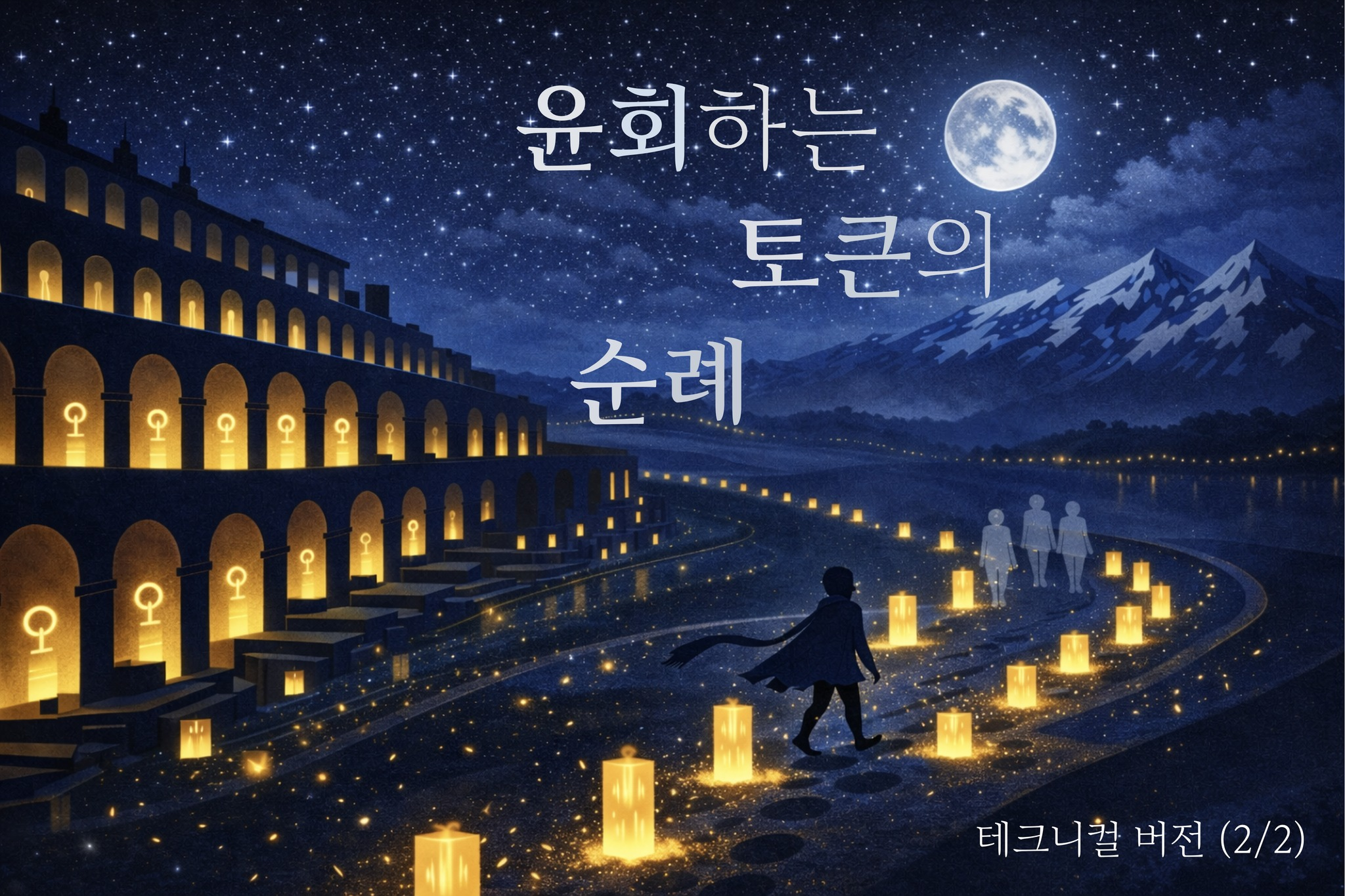 달빛 쏟아지는 밤하늘 아래의 판타지 일러스트. 망토를 두른 인물이 등불들이 늘어선 길을 걷고, 오른편에는 열쇠(♀) 문양이 빛나는 아치형 건물이 서 있으며 멀리 눈 덮인 산이 보인다. 우측 하단에 '테크니컬 버전 (2/2)' 표기가 있다.