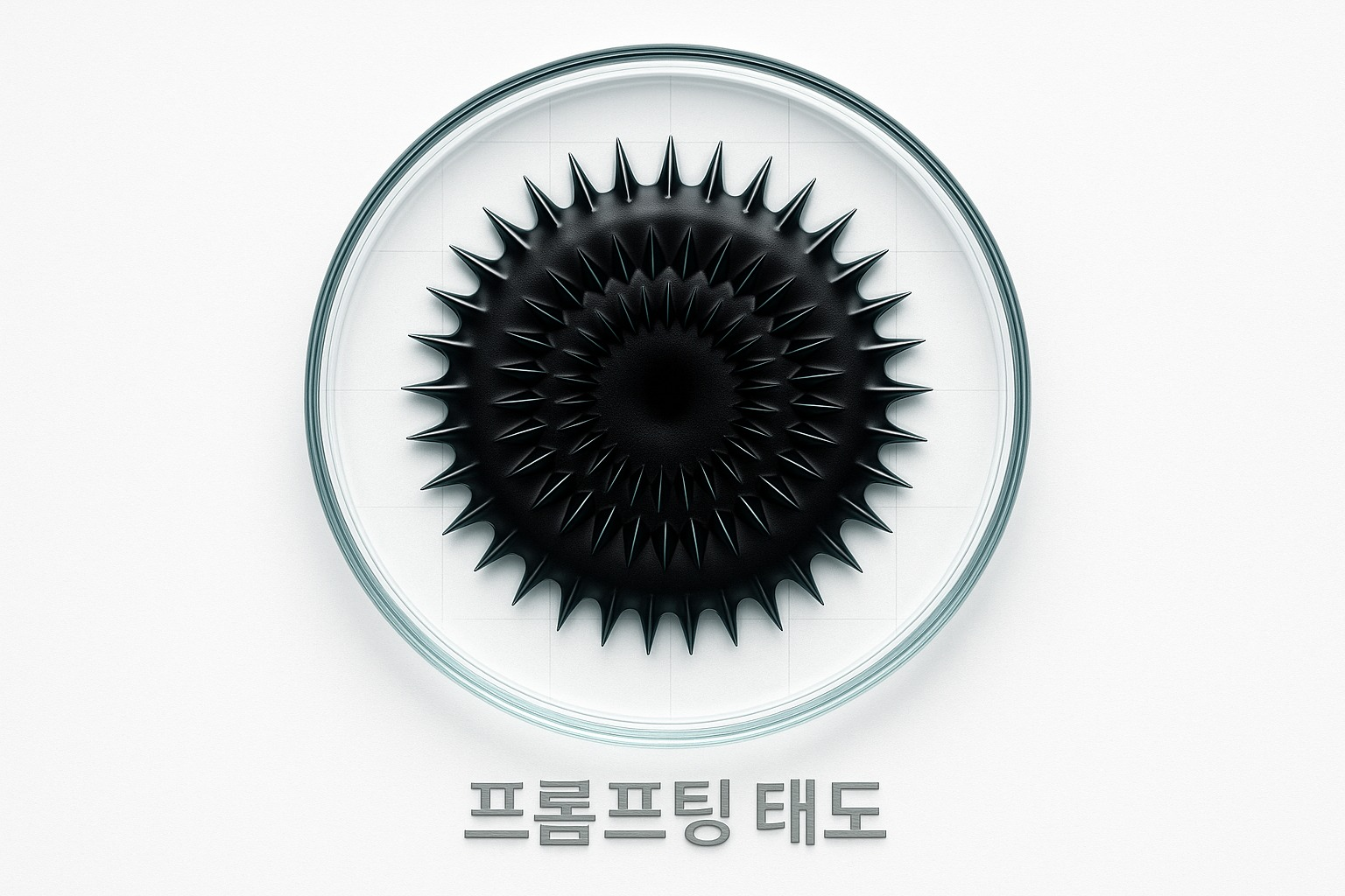 흰 접시 위에 자성 유체(ferrofluid)가 날카로운 가시 형태로 솟아오른 흑백 정물 사진. 하단에 '프롬프팅 태도'라는 제목이 적혀 있다.