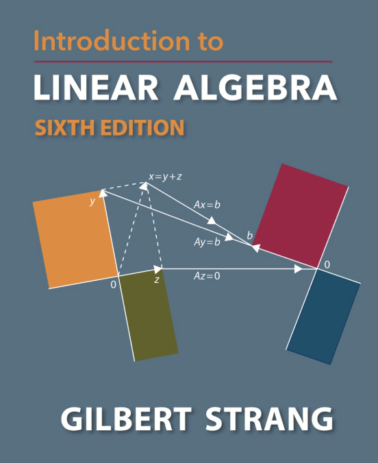 Gilbert Strang의 'Introduction to Linear Algebra, Sixth Edition' 교재 표지. 회색 바탕에 벡터와 부분 공간을 나타내는 색상 사각형들과 화살표 다이어그램이 그려져 있으며, 하단에 저자명 'GILBERT STRANG'이 표기되어 있다.