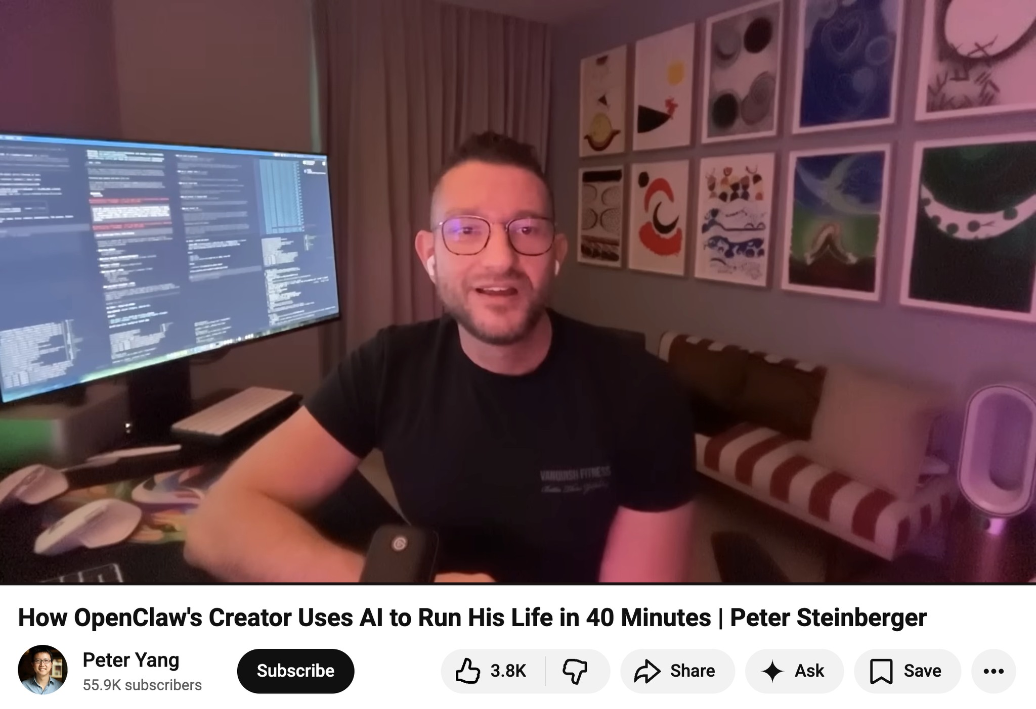 Peter Steinberger가 카메라 앞에 앉아 있는 YouTube 영상 썸네일. 'How OpenClaw's Creator Uses AI to Run His Life in 40 Minutes | Peter Steinberger'라는 제목이 표시되어 있으며, 구독자 55.9K의 Peter Yang 채널 영상이다.