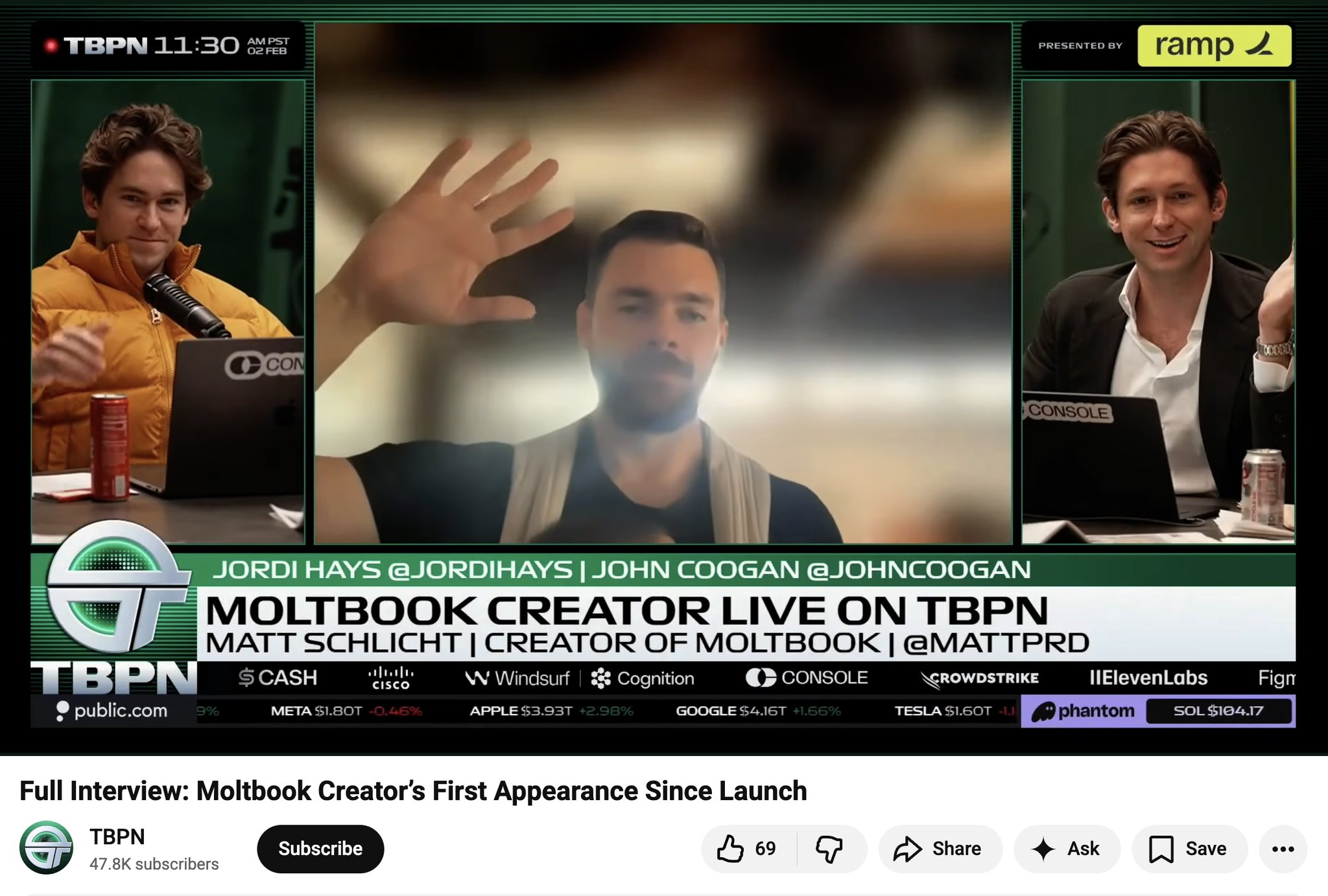 TBPN 방송 화면. 'MOLTBOOK CREATOR LIVE ON TBPN'이라는 자막과 함께 Matt Schlicht(@mattprd) 창시자가 화상으로 출연해 있고, 진행자 Jordi Hays와 John Coogan이 스튜디오에 함께 있다. 자막에는 'Full Interview: Moltbook Creator's First Appearance Since Launch'라고 적혀 있다.