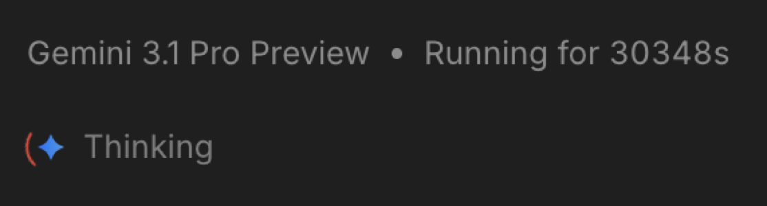 Google AI Studio 화면. 'Gemini 3.1 Pro Preview · Running for 30348s'라는 텍스트와 함께 파란 별 아이콘 옆에 'Thinking' 상태 표시