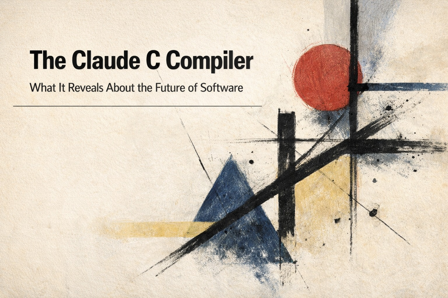 Modular 블로그 포스트 커버 이미지. 'The Claude C Compiler'라는 굵은 제목과 'What It Reveals About the Future of Software'라는 부제. 추상화된 구성주의 스타일의 예술 작품(검은 선, 붉은 원, 파란 삼각형)이 배경