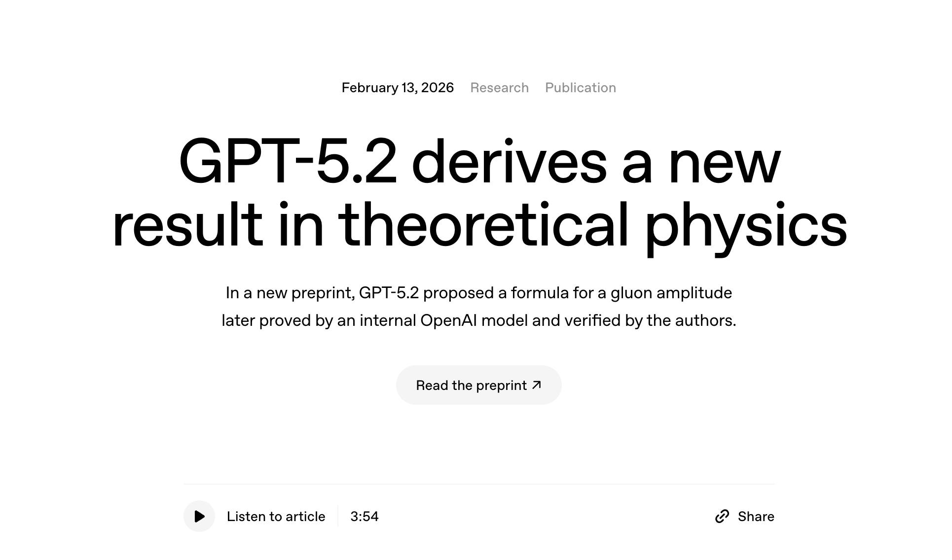 OpenAI 블로그 헤더. 'GPT-5.2 derives a new result in theoretical physics'라는 큰 제목과 'In a new preprint, GPT-5.2 proposed a formula for a gluon amplitude later proved by an internal OpenAI model and verified by the authors.'라는 설명. February 13, 2026 날짜 표기