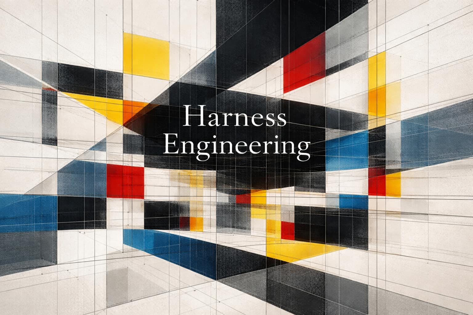 추상화 기하학 아트 커버 이미지. 몬드리안 스타일의 빨강·파랑·노랑·검정 격자 패턴 위에 'Harness Engineering'이라는 흰 세리프 텍스트