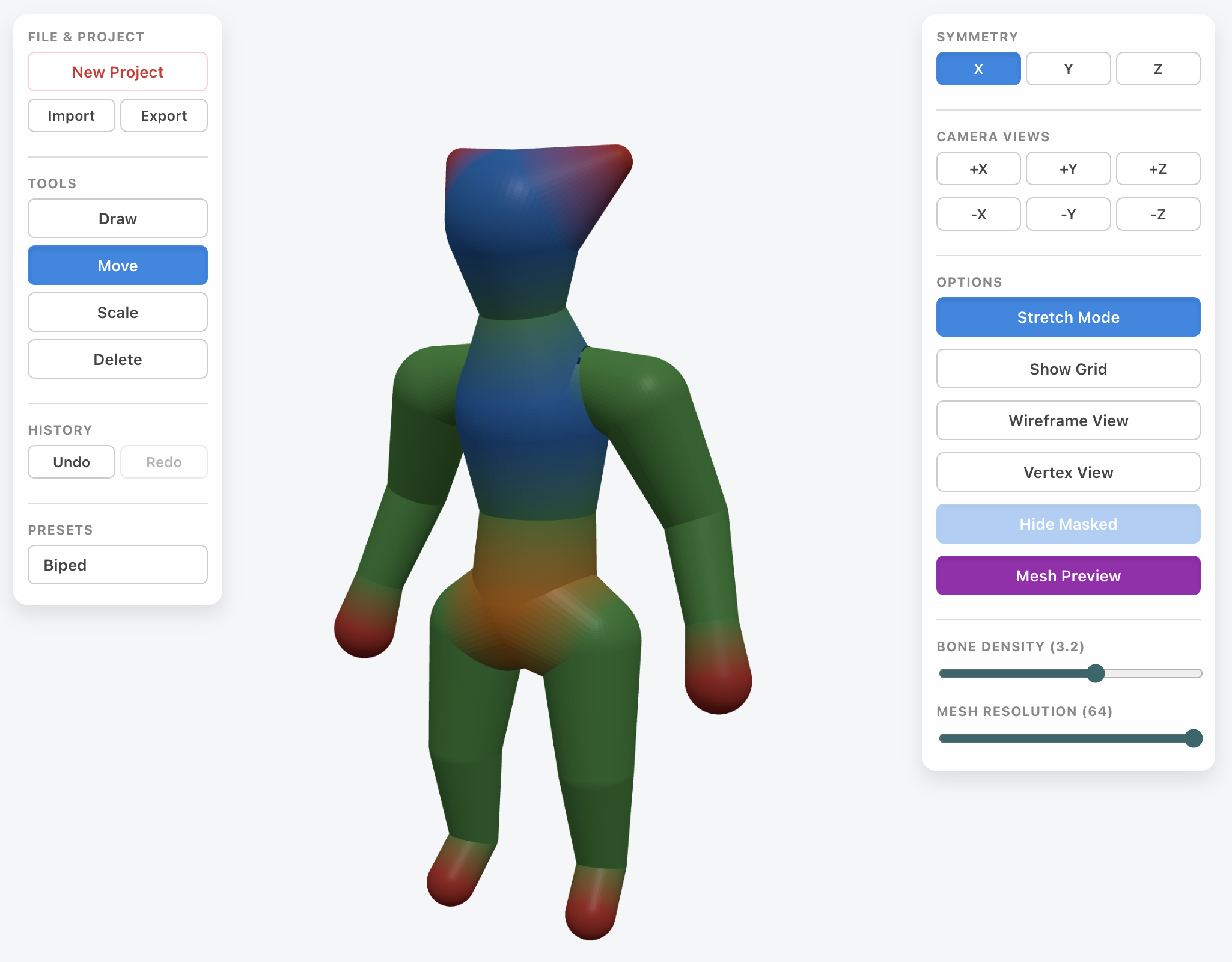 Claude Code 작업 결과 화면: 왼쪽에 bmesh-mvp-preview.obj 등 프로젝트 파일 목록이 체크마크와 함께 나열되고, 오른쪽에 T포즈를 취한 인체 형태의 흰색 3D 메쉬 모델이 표시됨