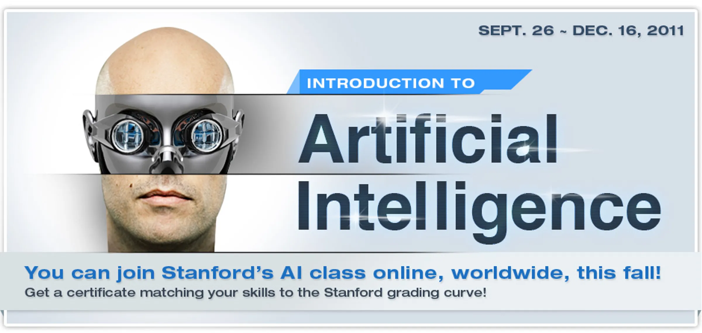 2011년 9월~12월 스탠퍼드 'Introduction to Artificial Intelligence' 온라인 강의 배너, '전 세계 누구나 수강 가능'이라는 문구가 표시됨