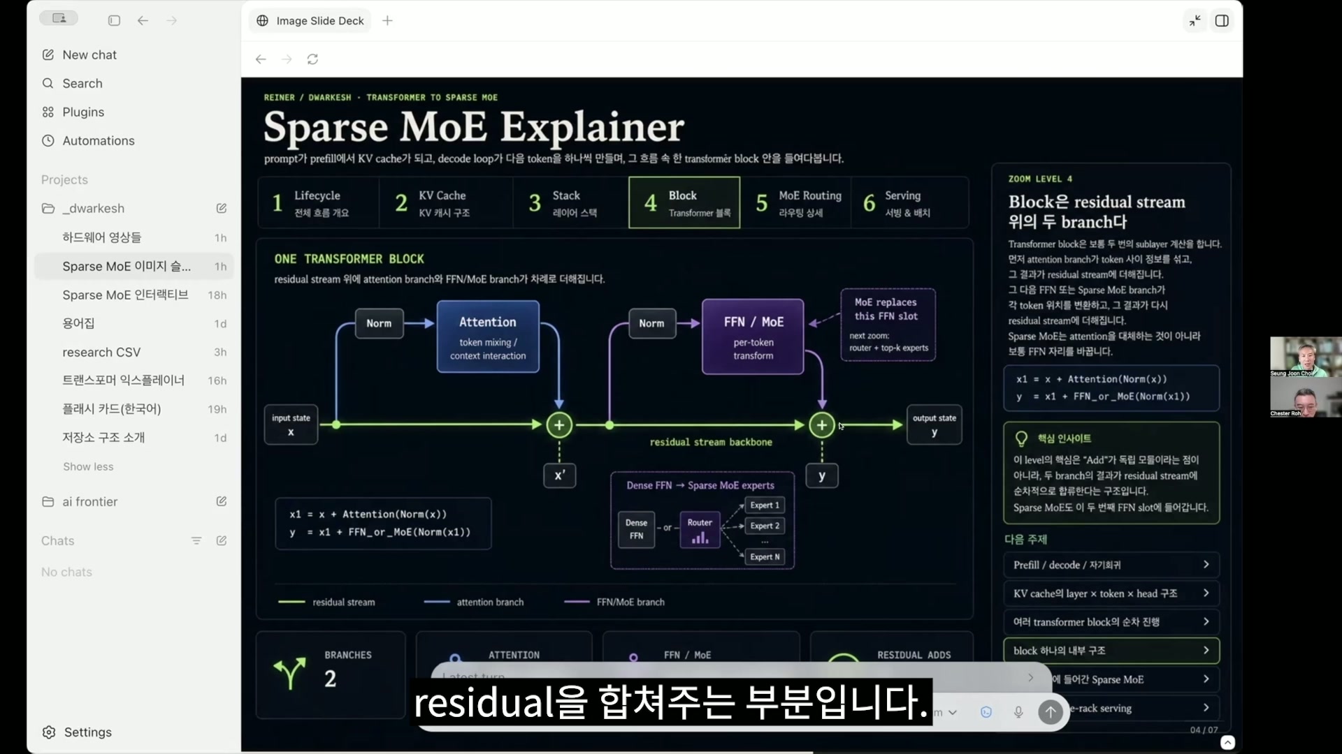 어텐션 블록과 MLP 블록, 더하기 기호의 잔차 연결이 포함된 트랜스포머 블록 다이어그램이 보이는 화면이다.