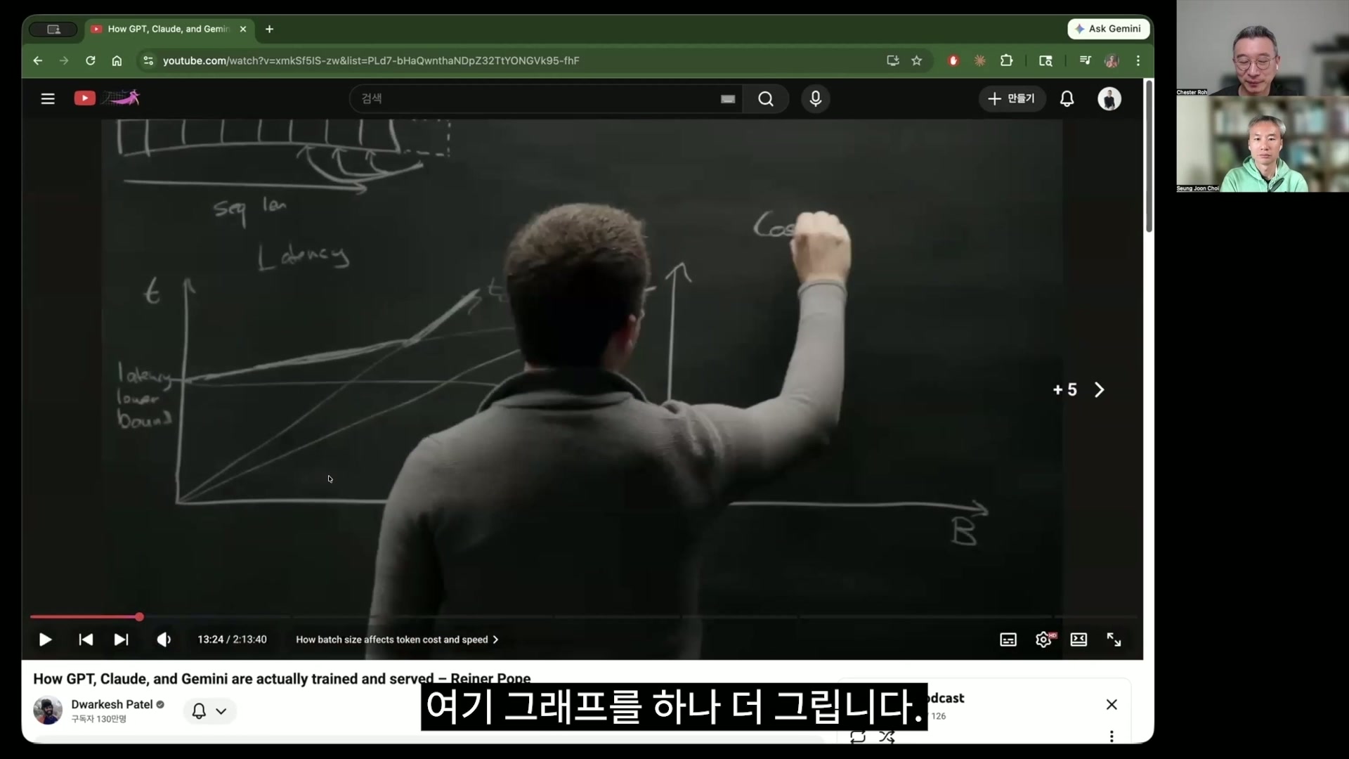 칠판에 세로축 t와 가로축 B가 표시된 그래프가 그려져 있고, 지연 시간 하한과 여러 곡선이 함께 보이는 강의 화면이다.